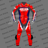 Red motorcycle racing suit with multiple brand logos on a gray background with 'Racers Arena' text.