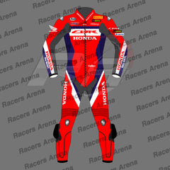 Red motorcycle racing suit with multiple brand logos on a gray background with 'Racers Arena' text.