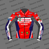 A red and white racing jacket mockup with navy blue side panels and sponsor logos, shown on a gray background with repeated 'Racers Arena' watermarks. Visible brands include Castrol, Honda, SAGHI, and others.