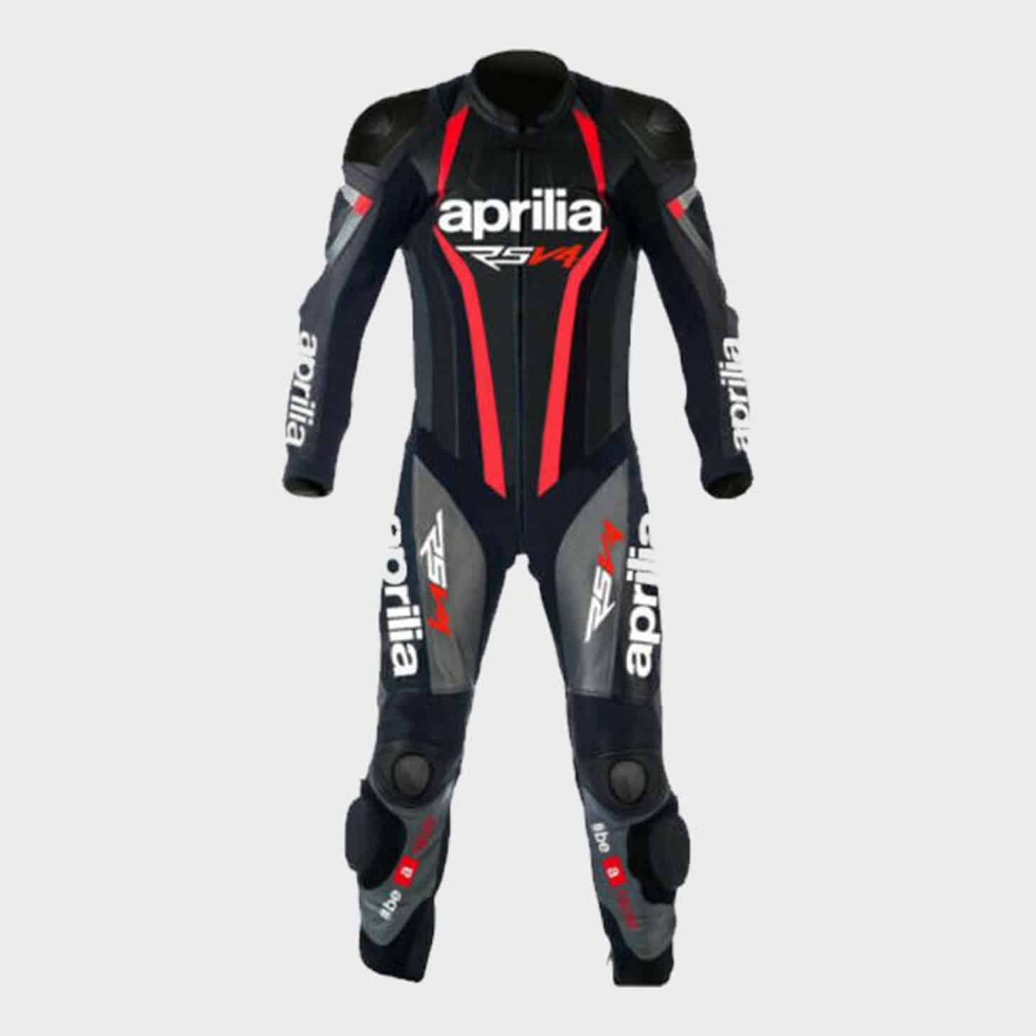 Aprilia Black v4 Leather Race Suit Front