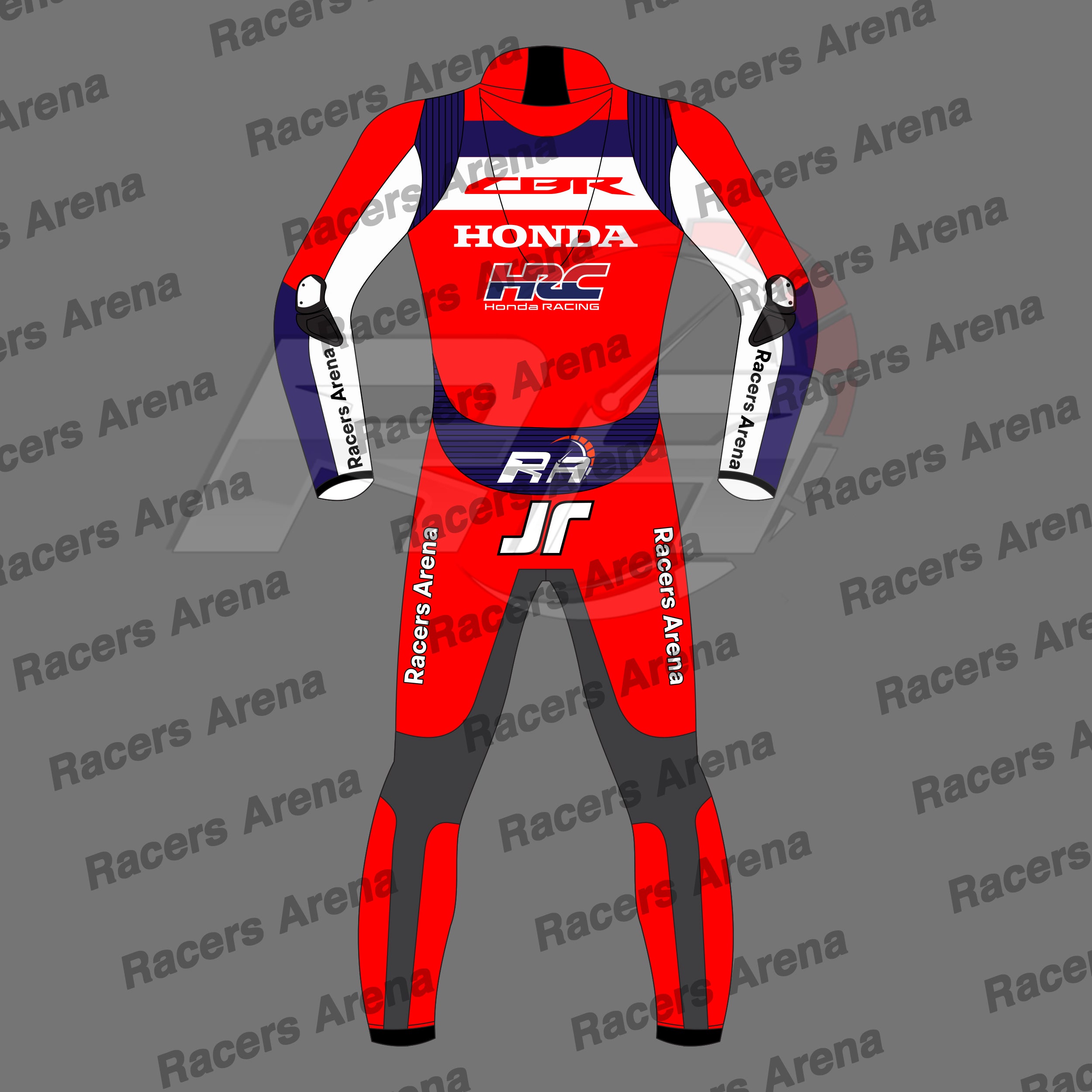 Red and Navy racing suit with Honda and Racer's Arena branding on a gray background.