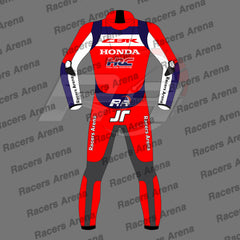 Red and Navy racing suit with Honda and Racer's Arena branding on a gray background.