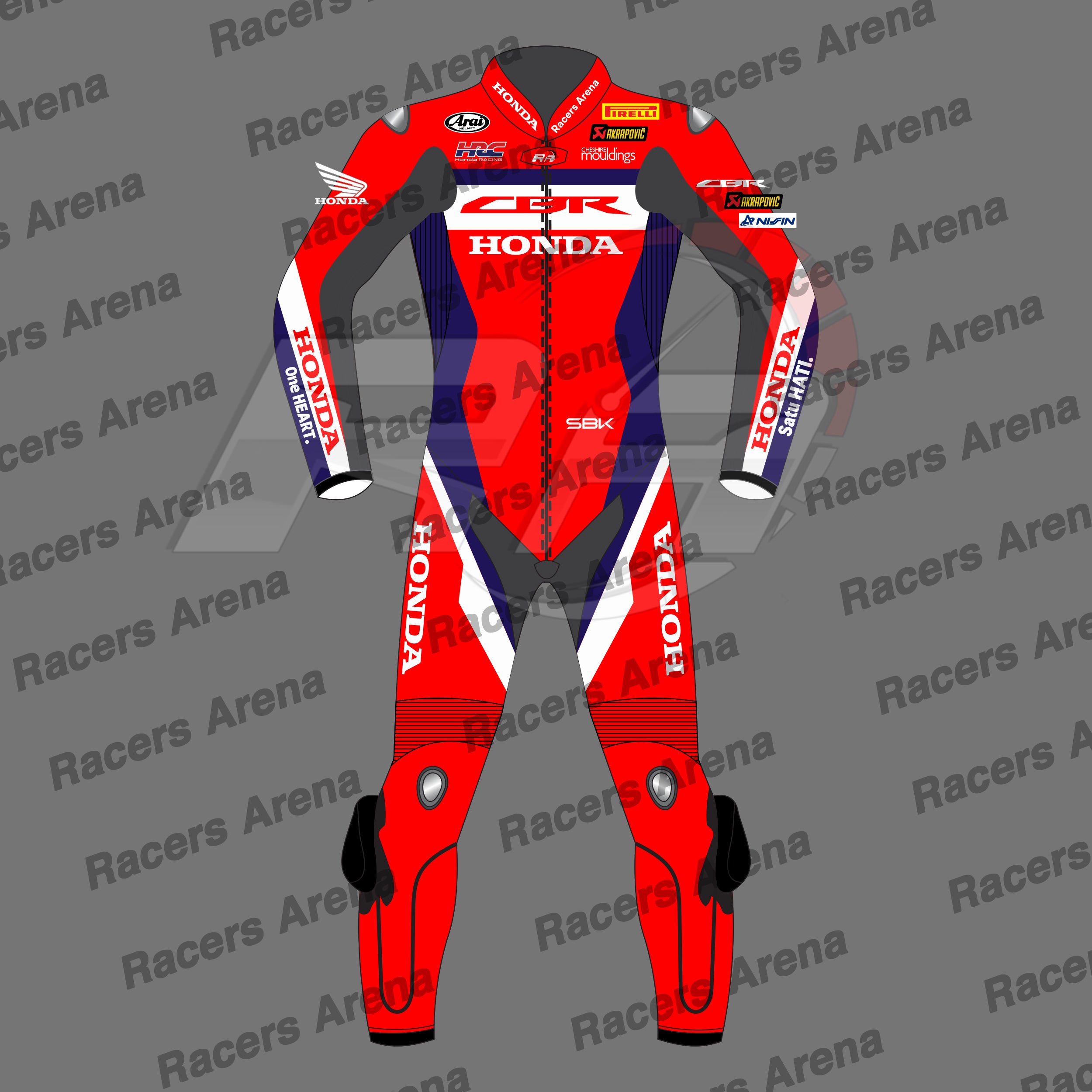 Red motorcycle racing suit with multiple brand logos on a gray background with 'Racers Arena' text.