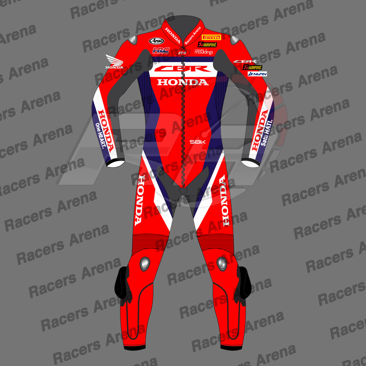 Red motorcycle racing suit with multiple brand logos on a gray background with 'Racers Arena' text.